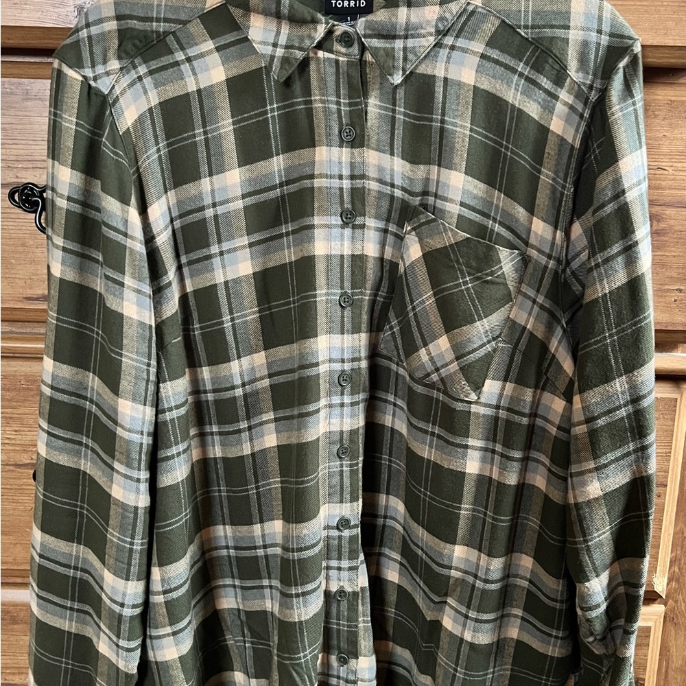 Torrid Green and Cream Plaid Button-Down Shirt